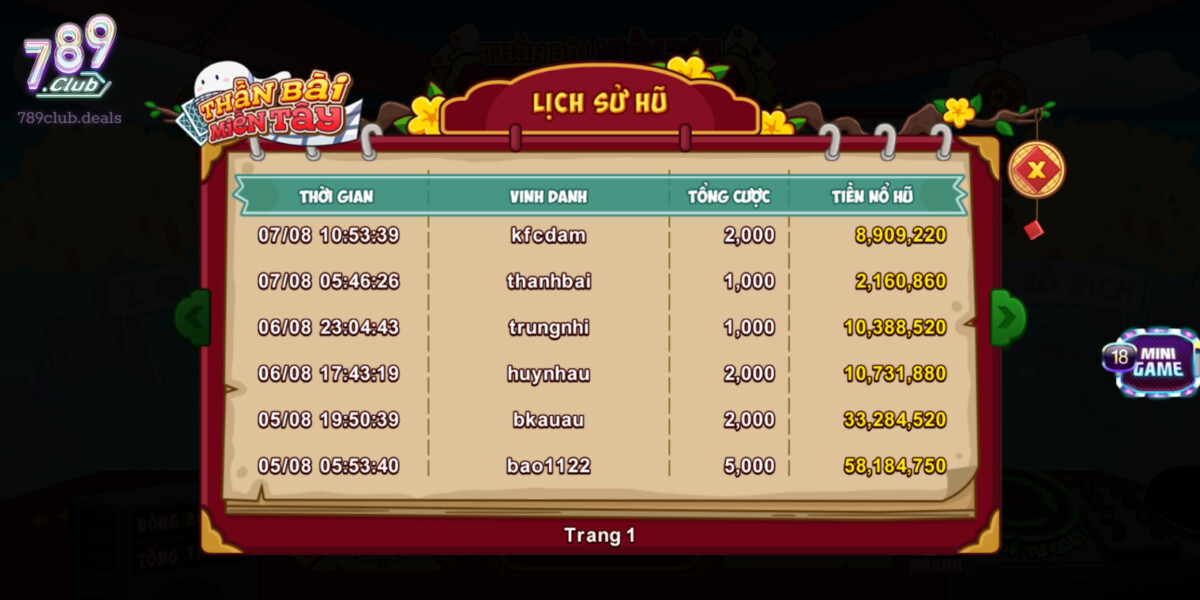 Lịch Sử Hũ trong Thần Bài Miền Tây tại 789Club