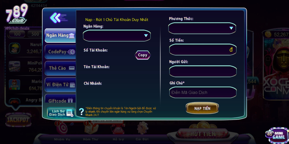 Phương Thức Nạp Tiền Qua Tài Khoản Ngân Hàng Tại 789Club