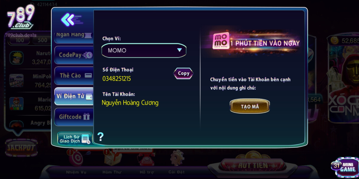 Phương Thức Nạp Tiền Qua Ví Điện Tử Momo tại 789 Club